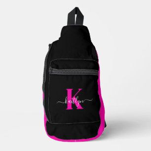 Elegantes schwarzes, heißrosa Schriftmonogramm Crossbody Bag