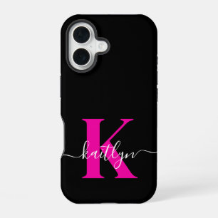 Elegantes schwarzes, heißrosa Schriftmonogramm iPhone 16 Hülle