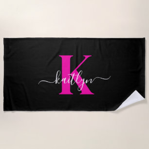 Elegantes schwarzes, heißrosa Skript-Monogramm Strandtuch