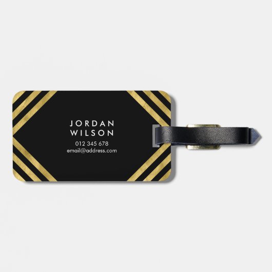 Elegantes Schwarzes Imitat Geometrische Linien Gepäckanhänger (Rückseite horizontal)