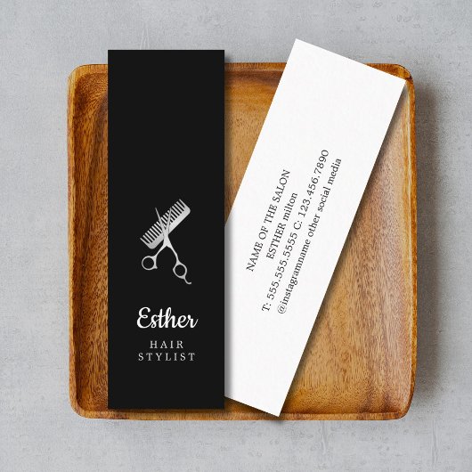 Elegantes Schwarzes Imitat Silberschere Friseurin Mini Visitenkarte