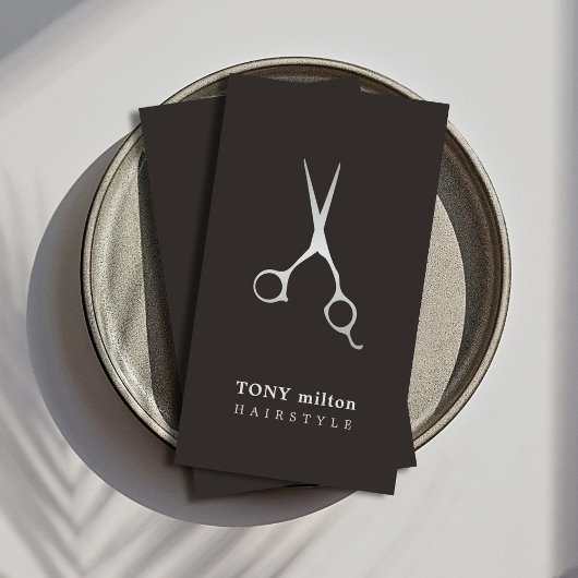 Elegantes Schwarzes Imitat Silberschere Friseurin Visitenkarte