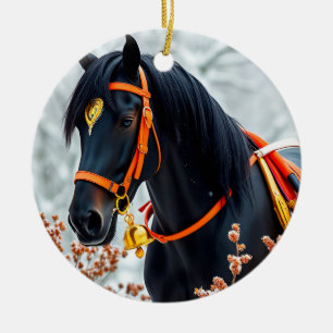 Elegantes schwarzes Kastanienpferd Keramik Ornament