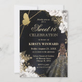 Elegantes Schwarzes Kleid Brünette Frau Blumensüß Einladung (Vorderseite)