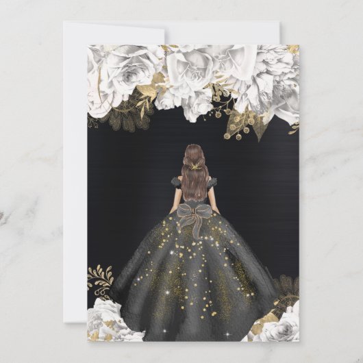 Elegantes Schwarzes Kleid Brünette Frau Blumensüß Einladung (Rückseite)