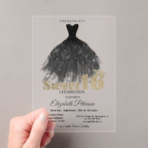 Elegantes schwarzes Kleid Gold Bokeh Sweet 16 Part Acryleinladungen