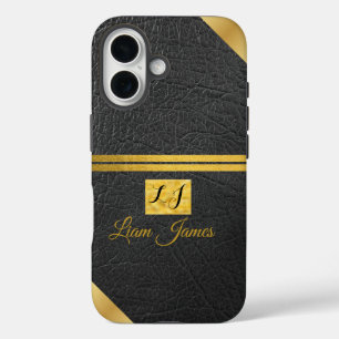 Elegantes schwarzes Leder goldenes Monogramm benut iPhone 16 Hülle