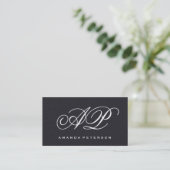 Elegantes schwarzes Leder mit Luxe Monogram Visitenkarte (Stehend Vorderseite)