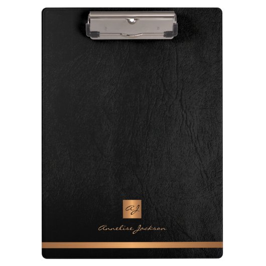 Elegantes schwarzes Ledergold mit Monogramm Klemmbrett (Vorderseite)
