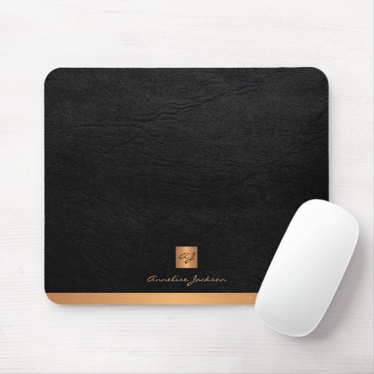 Elegantes schwarzes Ledergold mit Monogramm Mousepad (Mit Mouse)