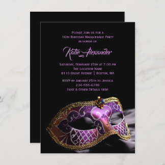 Elegantes Schwarzes Lila Sweet 16 Masquerade Party Einladung
