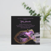 Elegantes Schwarzes Lila Sweet 16 Masquerade Party Einladung (Stehend Vorderseite)