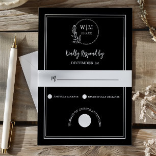 Elegantes schwarzes Linienzichnungsmonogramm Hochz RSVP Karte