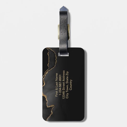Elegantes Schwarzes Marmor Agate Monogram Custom Gepäckanhänger (Rückseite vertikal)