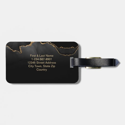 Elegantes Schwarzes Marmor Agate Monogram Custom Gepäckanhänger (Rückseite horizontal)