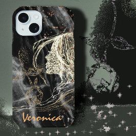 Elegantes Schwarzes Marmor Frauenprofil iPhone 15 Hülle