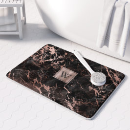 Elegantes Schwarzes Marmor Rose Gold Monogramm Badematte