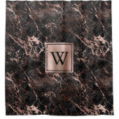 Elegantes Schwarzes Marmor Rose Gold Monogramm Duschvorhang (Vorderseite)