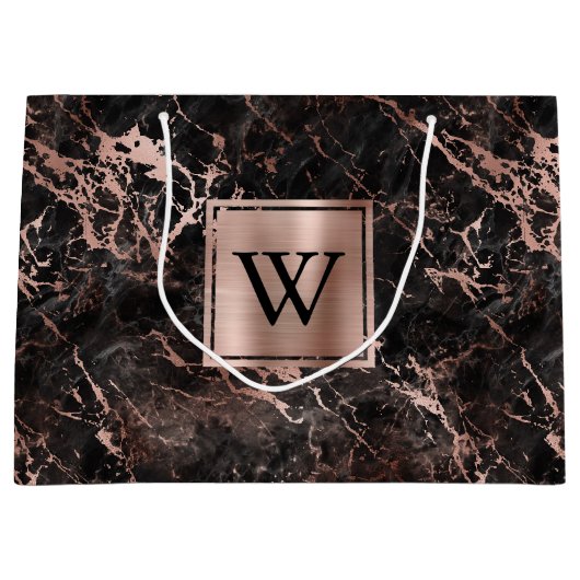 Elegantes Schwarzes Marmor Rose Gold Monogramm Große Geschenktüte (Vorderseite)