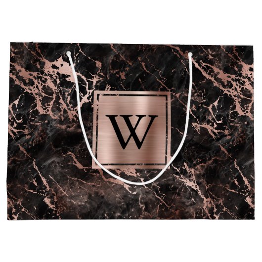 Elegantes Schwarzes Marmor Rose Gold Monogramm Große Geschenktüte (Rückseite)