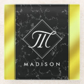 Elegantes Schwarzes Marmor und Gold / Messingfolie Glasuntersetzer (Vorderseite)