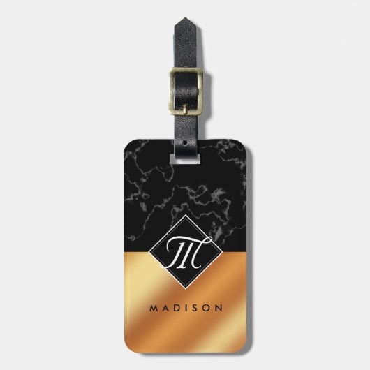 Elegantes Schwarzes Marmor- und Kupferfoilskriptmo Gepäckanhänger (Vorderseite vertikal)