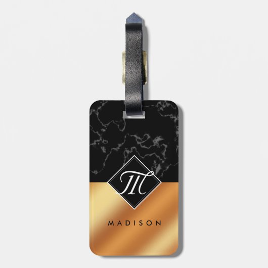 Elegantes Schwarzes Marmor- und Kupferfoilskriptmo Gepäckanhänger (Rückseite vertikal)