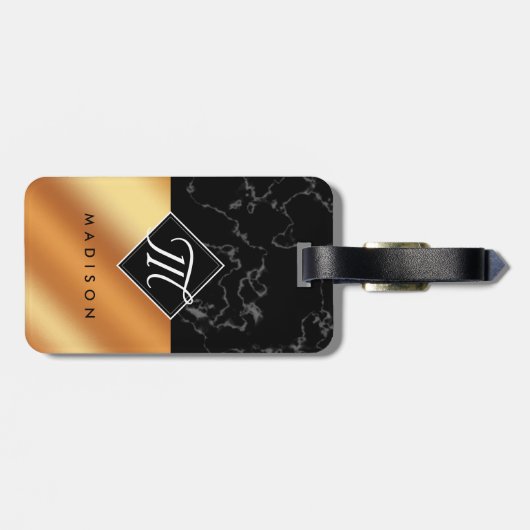 Elegantes Schwarzes Marmor- und Kupferfoilskriptmo Gepäckanhänger (Rückseite horizontal)