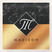 Elegantes Schwarzes Marmor- und Kupferfoilskriptmo Glasuntersetzer (Vorderseite)