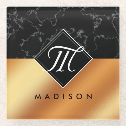 Elegantes Schwarzes Marmor- und Kupferfoilskriptmo Glasuntersetzer (Vorderseite)