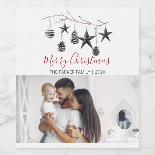 Elegantes schwarzes minimales Weihnachtsfest-Foto Weinetikett (Einzelnes Label)