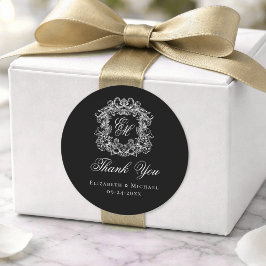 Elegantes schwarzes Monogramm Hochzeitswappen Dank Runder Aufkleber