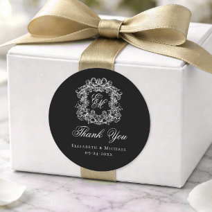 Elegantes schwarzes Monogramm Hochzeitswappen Dank Runder Aufkleber