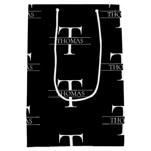 Elegantes Schwarzes Monogramm-Individuelle Name-Mu Mittlere Geschenktüte (Rückseite)