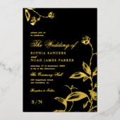 Elegantes schwarzes Monogramm modernes Blumengold Folieneinladung (Vorderseite)