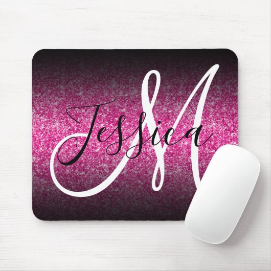 Elegantes Schwarzes Ombre Hot Pink Glitzer Monogra Mousepad (Mit Mouse)