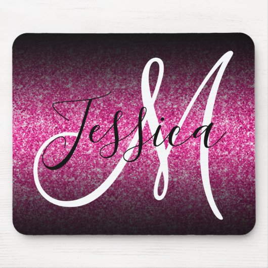Elegantes Schwarzes Ombre Hot Pink Glitzer Monogra Mousepad (Vorne)