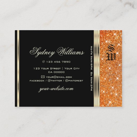Elegantes Schwarzes Orange Sparkle Glitzer Monogra Visitenkarte (Rückseite)