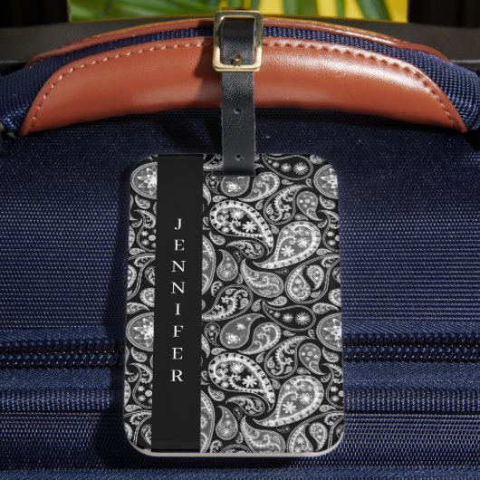 Elegantes schwarzes Paisley Gepäckanhänger (Vorderseite Insitu 2)