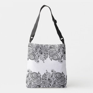 Elegantes schwarzes Paisley-Spitzenmuster mit weiß Tragetaschen Mit Langen Trägern