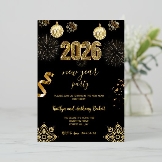 Elegantes Schwarzes Party Neue Jahrgänge Einladung (Stehend vorne)