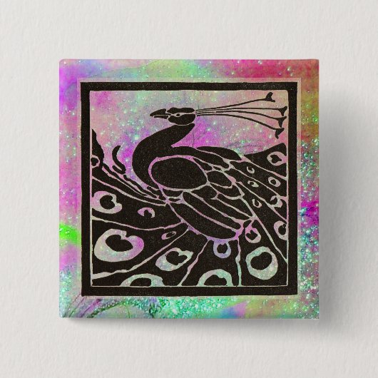 ELEGANTES SCHWARZES PEACOCK IN LILA BLAUE GLITZERN BUTTON (Vorderseite)