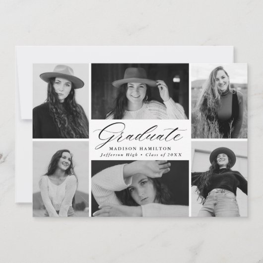 Elegantes Schwarzes Script 6 Foto Collage Abschlus Ankündigung (Vorderseite)
