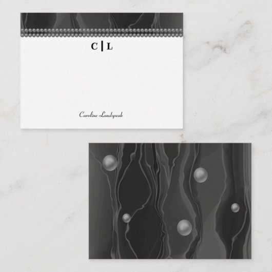 Elegantes Schwarzes Seide und Perlen Mit Monogramm Mitteilungskarte (Vorne/Hinten)