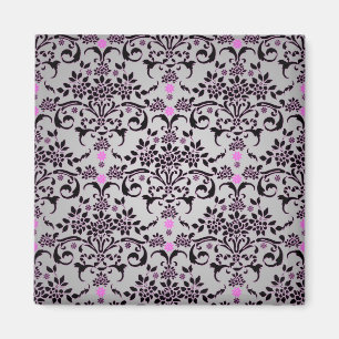 Elegantes schwarzes silbernes lila Blumen-Damaskus Magnet
