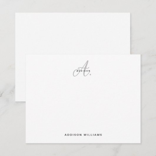 Elegantes Schwarzes Silver Script Gray Monogram Mitteilungskarte (Vorne/Hinten)