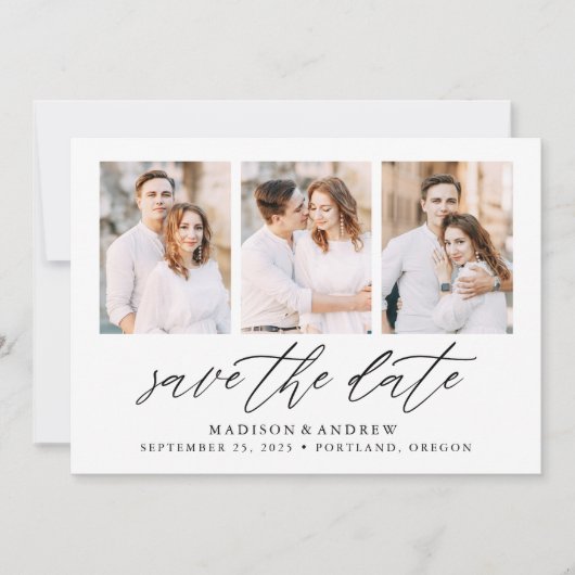 Elegantes Schwarzes Skript 3 FotoCollage Save The Date (Vorderseite)