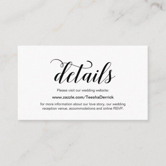 Elegantes schwarzes Skript, Angaben zur Hochzeitss Begleitkarte (Vorderseite)