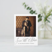 Elegantes Schwarzes Skript-Foto Hochzeit Speichern Postkarte (Stehend Vorderseite)