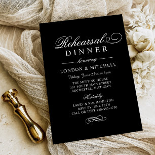 Elegantes schwarzes Skript für das Probe-Dinner zu Einladung